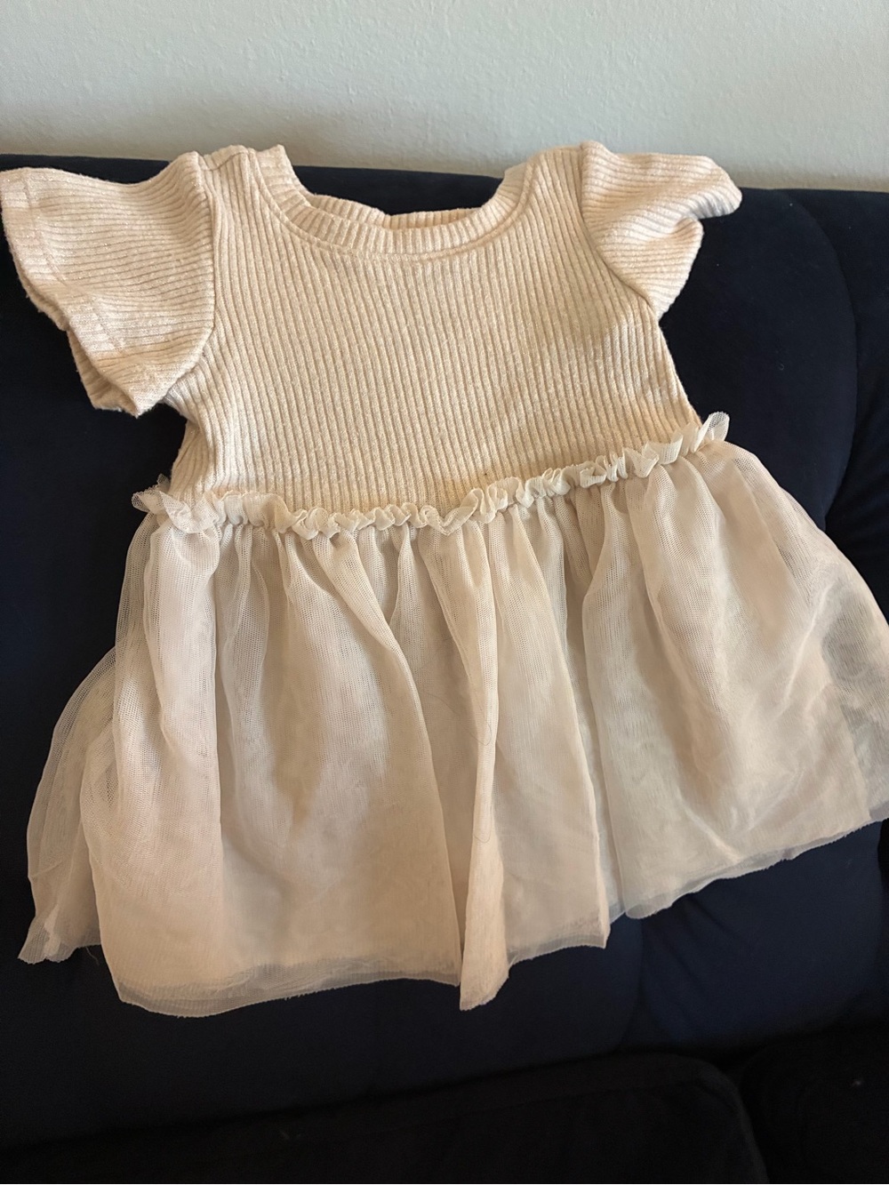 Cat & Jack Cream Ribbed Bodice Tulle Dress